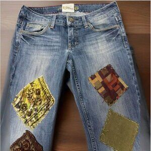 Retro Patchwork Jeans Repurposed Sz6 Hipster Straight leg Boho Hippie Woodstock